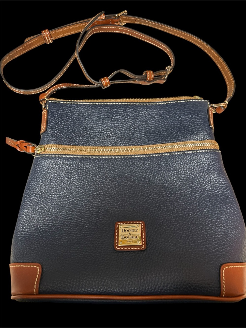 Dooney & Bourke Navy Pebble Leather Crossbody with Brown Trim